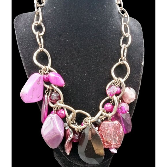 Chunky Statement Necklace Pink Purple Beads Charm Bib Jewelry Y2K Barbiecore - Picture 10 of 15